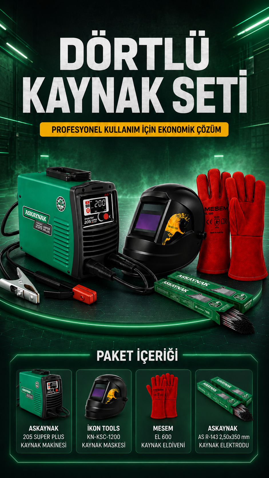 Askaynak 205 Super Plus Inverter Kaynak Makinesi + Ikon Tools Kaynak Maskesi + Eldiven + As R-143 Elektrod – Dörtlü Kaynak Seti