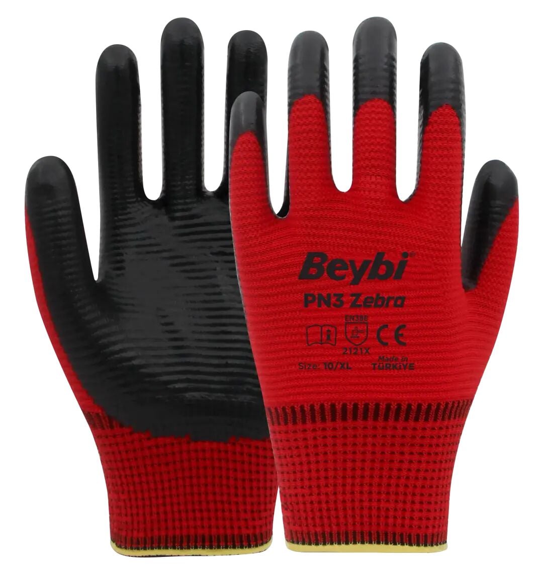 Beybi PN3 Zebra İş Eldiveni Kırmızı Siyah Nitril Polyester Örme 10 Numara