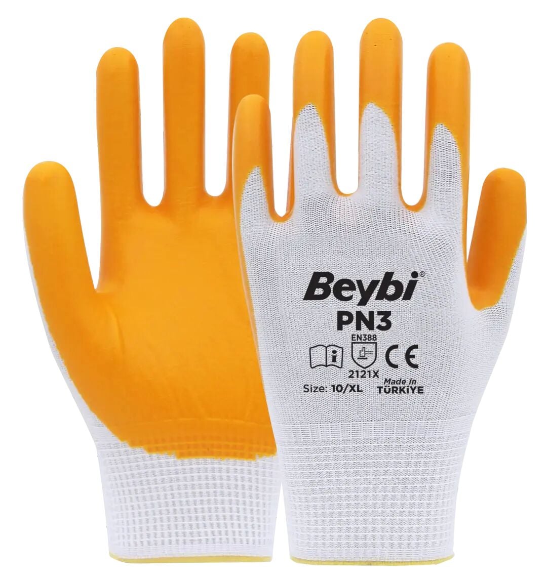 Beybi PN3 İş Eldiveni Beyaz Sarı Nitril Polyester Örme 10 Numara