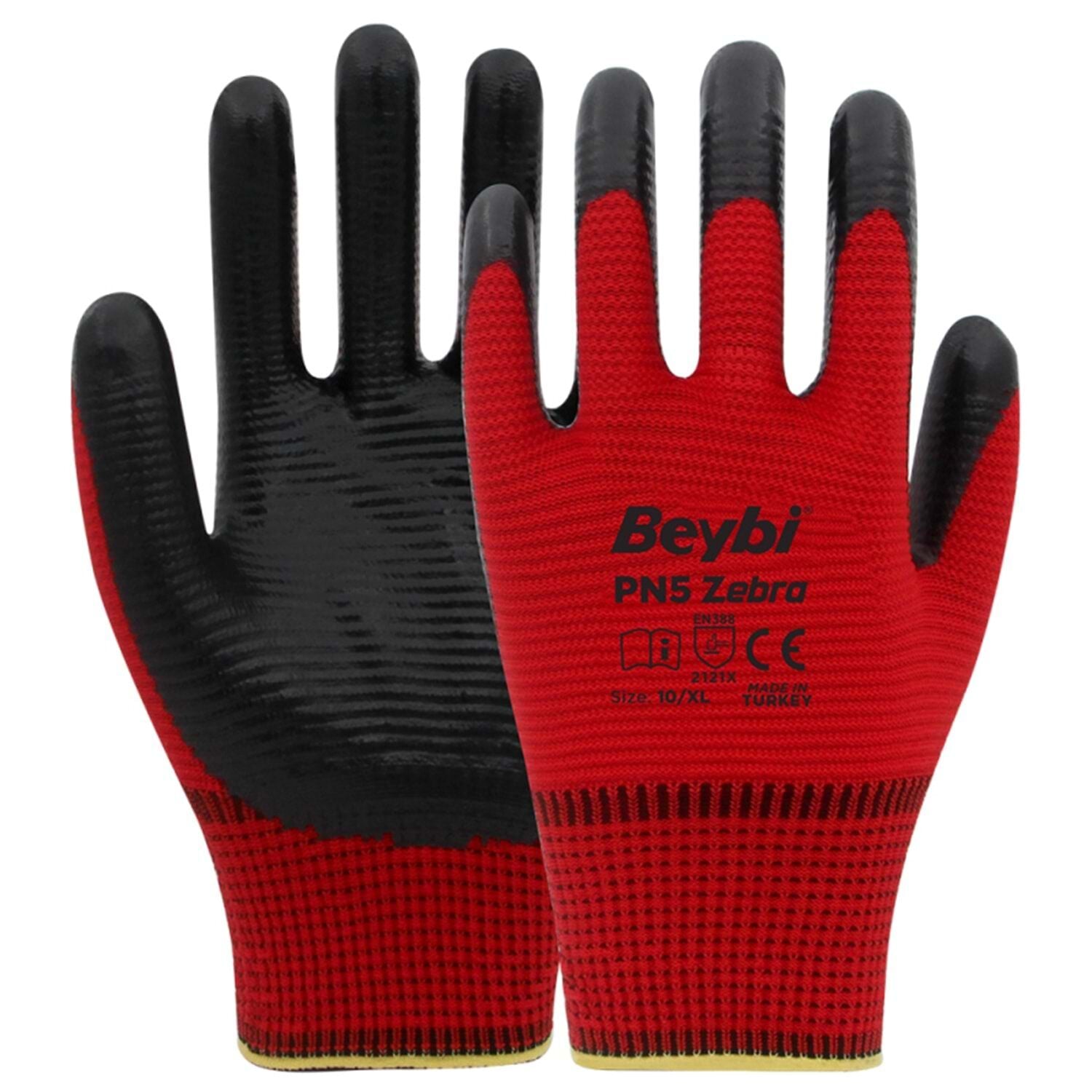 Beybi PN5 Zebra İş Eldiveni Kırmızı Siyah Nitril Polyester Örme 10 Numara