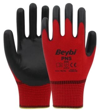 Beybi PN5 Zebra İş Eldiveni Kırmızı Siyah Nitril Polyester Örme 10 Numara 12 Çift