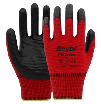 Beybi PN Zebra İş Eldiveni Kırmızı Siyah Nitril Polyester Örme 10 Numara 12 Çift