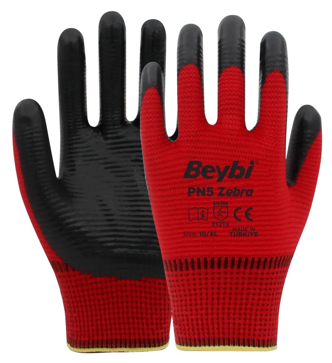 Beybi PN5 Zebra İş Eldiveni Kırmızı Siyah Nitril Polyester Örme 10 Numara 288 Çift