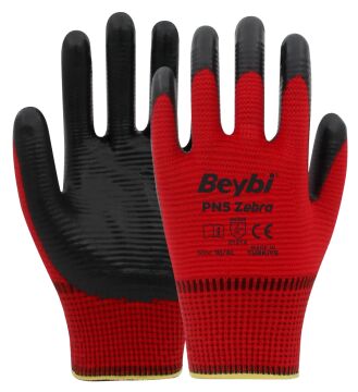 Beybi PN5 Zebra İş Eldiveni Kırmızı Siyah Nitril Polyester Örme 10 Numara 288 Çift